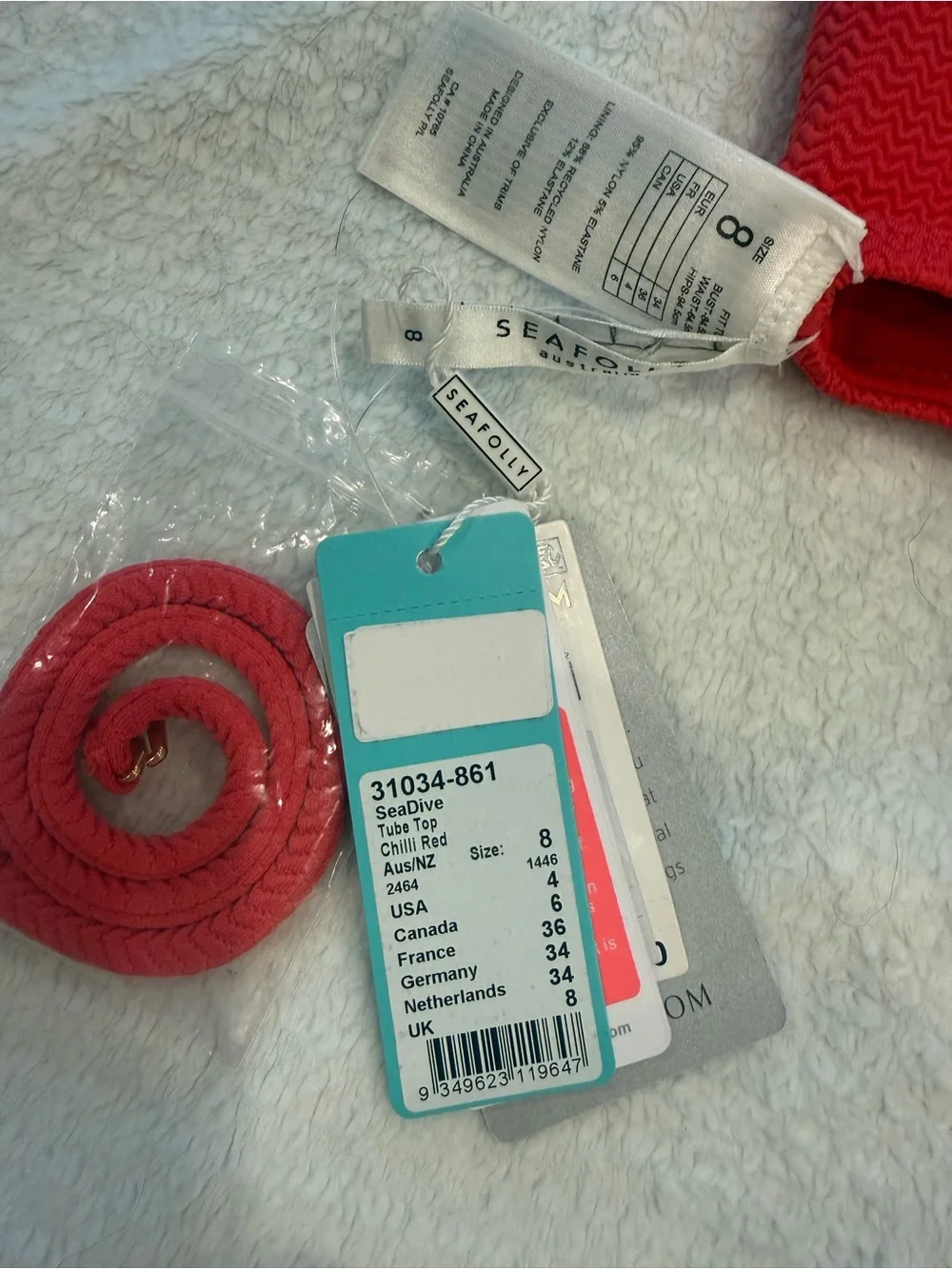 Seafolly Sea Dive Tube Bikini Top NWT Chilli Red Textured Bandeau Size 4